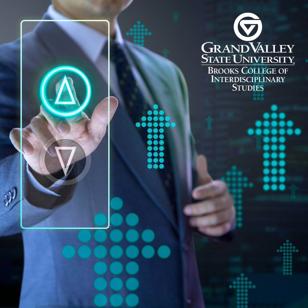 Level up your career graphic with GVSU Brooks College logo depicting man in a suit hitting an elevator button up